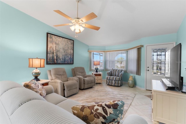 living room with vaulted ceiling and ceiling fan