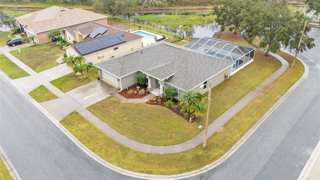 aerial view featuring a water view