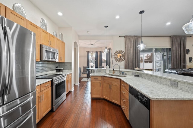 kitchen with hanging light fixtures, dark hardwood / wood-style flooring, sink, appliances with stainless steel finishes, and backsplash