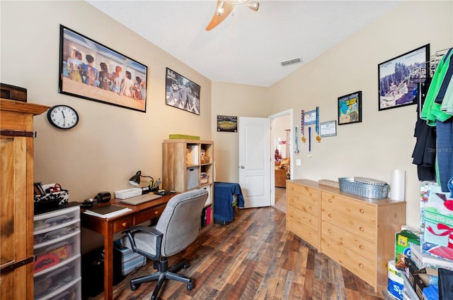 office with ceiling fan and dark wood-type flooring