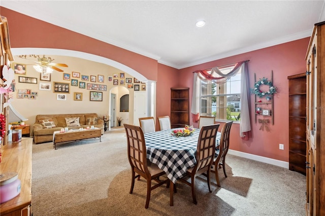 dining area featuring ceiling fan, crown molding, and carpet floors