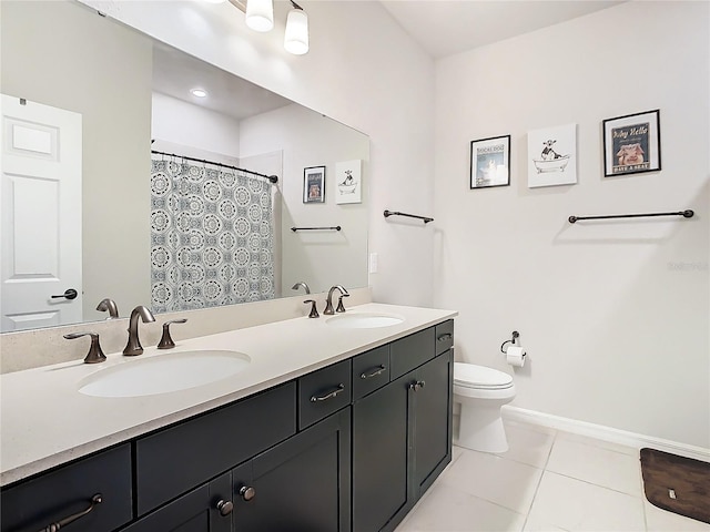 bathroom with vanity, toilet, a shower with curtain, and tile patterned flooring