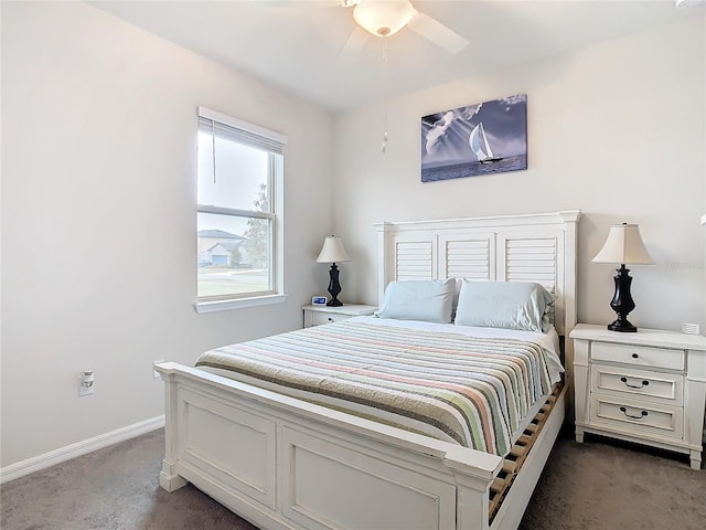 bedroom with ceiling fan and dark colored carpet