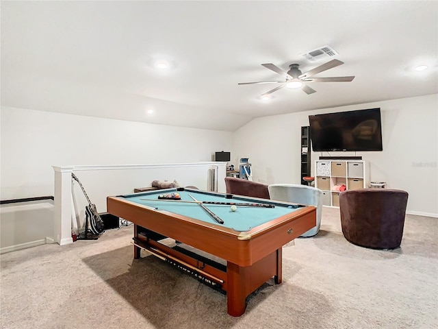 game room featuring vaulted ceiling, ceiling fan, light colored carpet, and pool table