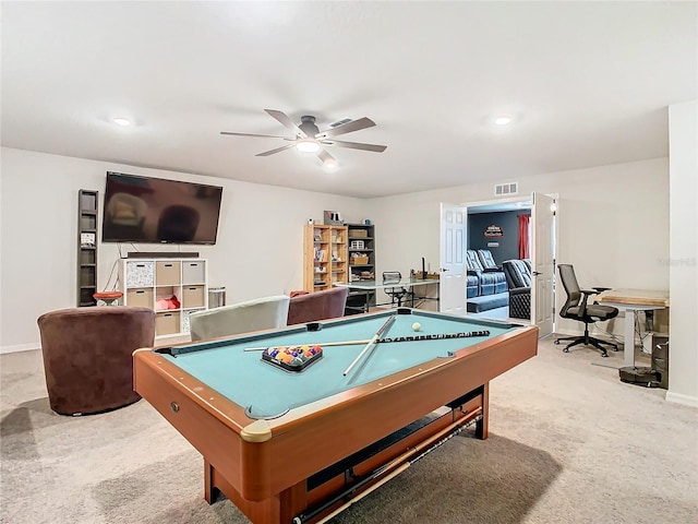 playroom with pool table, light colored carpet, and ceiling fan