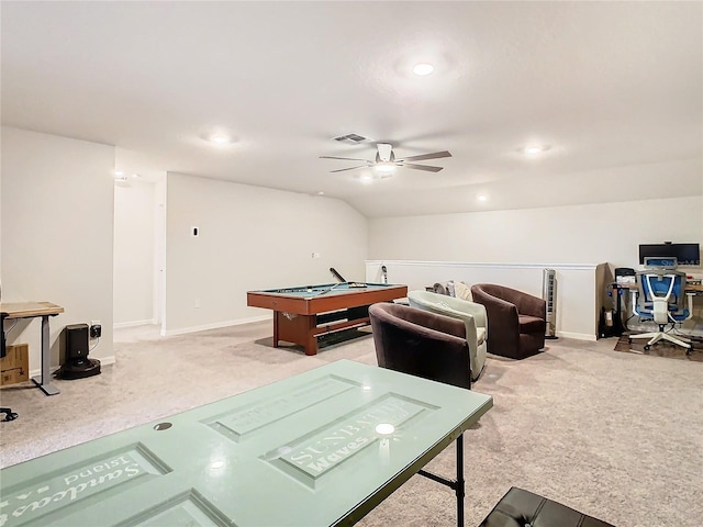 game room featuring ceiling fan, billiards, and lofted ceiling