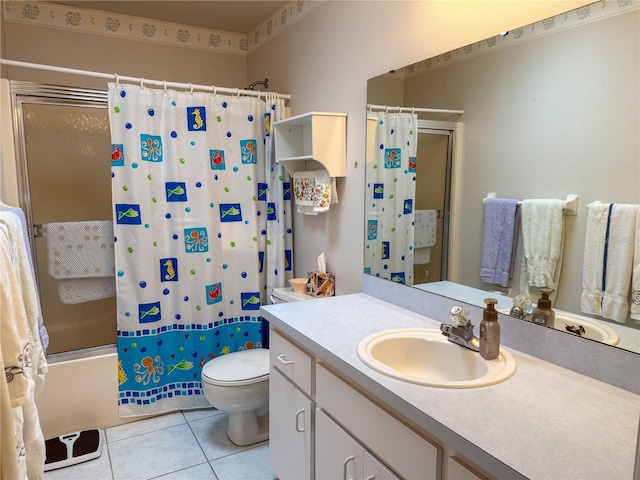full bathroom featuring tile patterned floors, toilet, vanity, and shower / bath combo