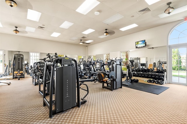 exercise room with ceiling fan, a paneled ceiling, a towering ceiling, and carpet flooring