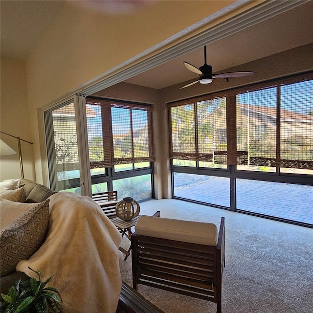 interior space with a wealth of natural light, ceiling fan, and carpet flooring