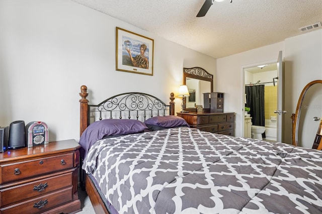 bedroom with connected bathroom, a textured ceiling, and ceiling fan