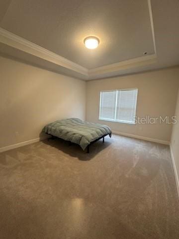 bedroom with a raised ceiling, crown molding, and carpet floors