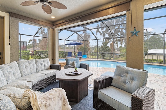 interior space featuring ceiling fan