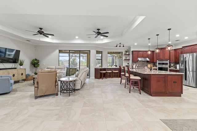 living room featuring a raised ceiling, ornamental molding, sink, and ceiling fan