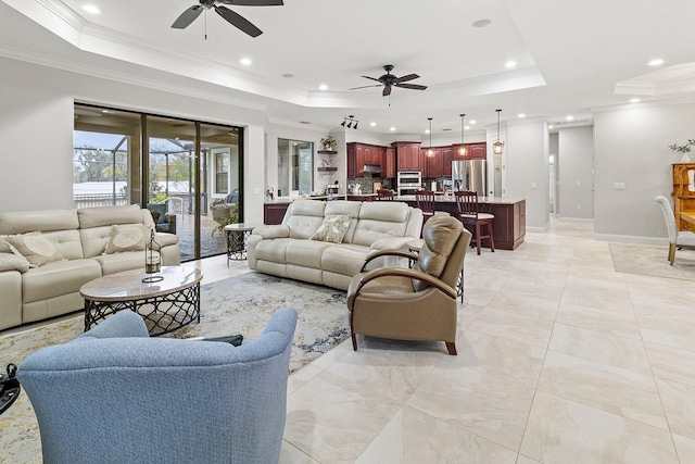 living room featuring crown molding and a tray ceiling