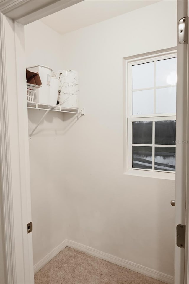 spacious closet featuring light colored carpet