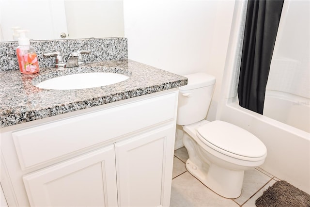 full bathroom with shower / tub combo with curtain, vanity, toilet, and tile patterned flooring