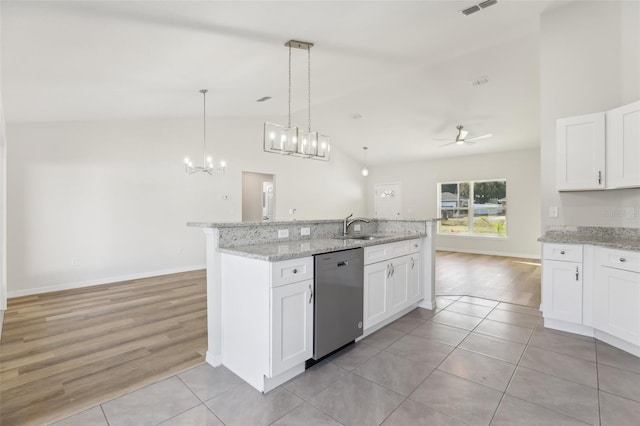 kitchen featuring sink, dishwasher, a kitchen island with sink, hanging light fixtures, and white cabinets