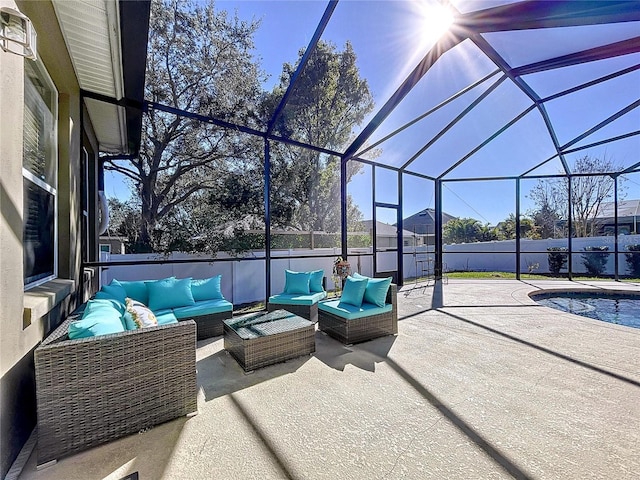 view of patio featuring an outdoor living space, a lanai, and a fenced in pool