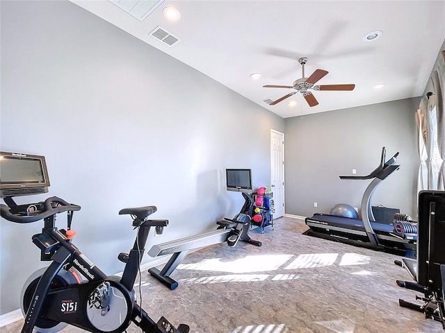 workout room featuring ceiling fan