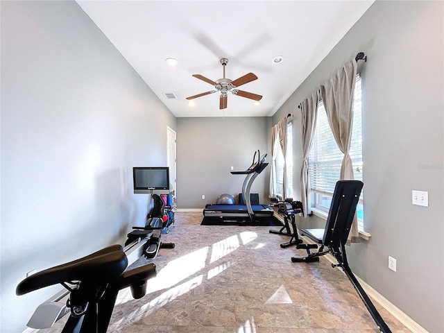 workout room featuring ceiling fan