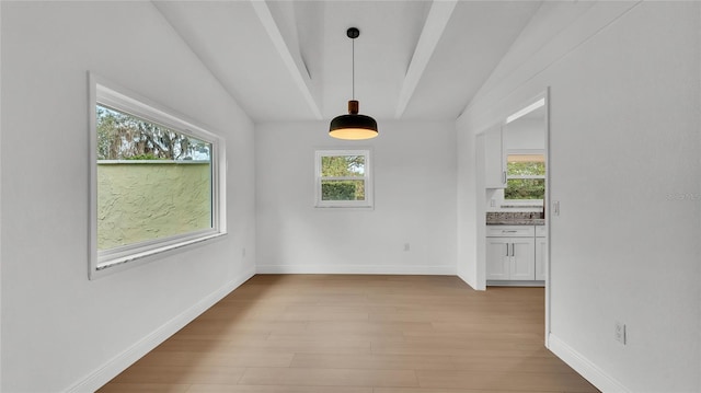 unfurnished dining area with vaulted ceiling and light hardwood / wood-style flooring