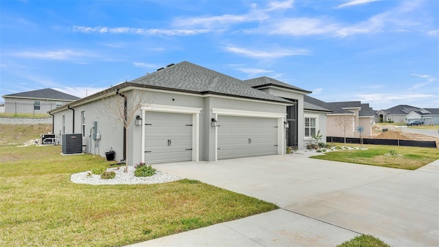 view of property exterior featuring a yard, a garage, and central AC unit