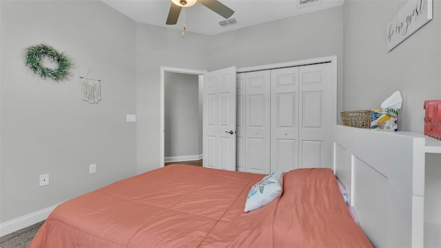 bedroom featuring ceiling fan and a closet