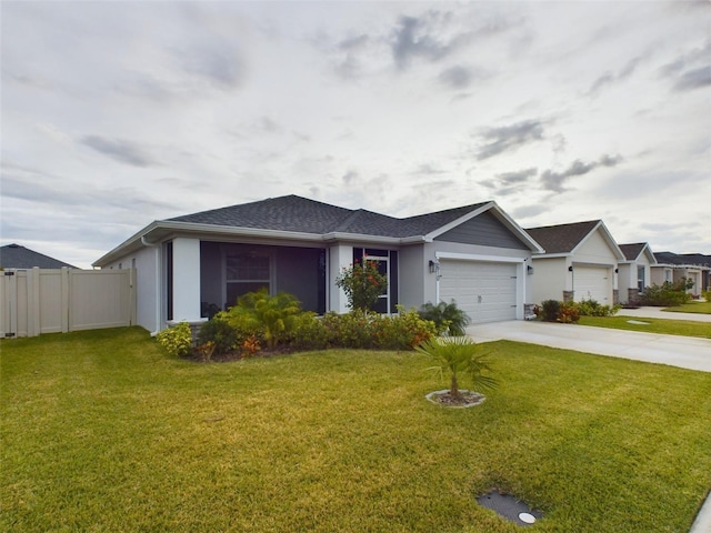 single story home featuring a garage and a front yard