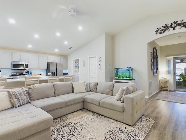 living room featuring high vaulted ceiling and light hardwood / wood-style floors