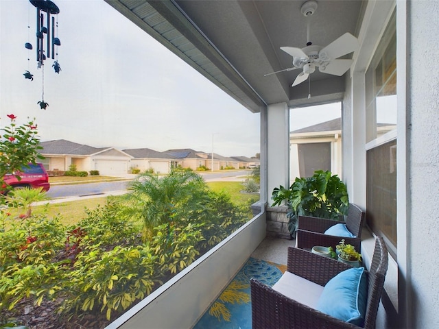 balcony featuring ceiling fan