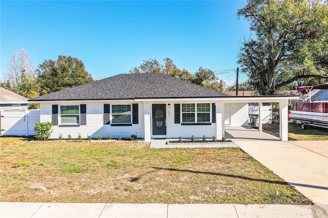 ranch-style house featuring a carport and a front lawn