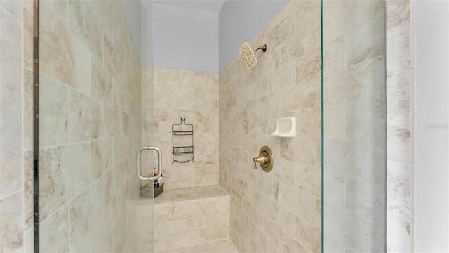 bathroom with a shower with shower door