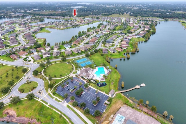 drone / aerial view featuring a water view