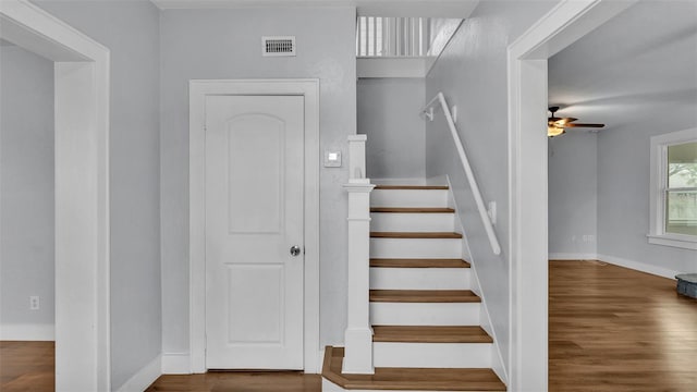 stairway with hardwood / wood-style floors and ceiling fan