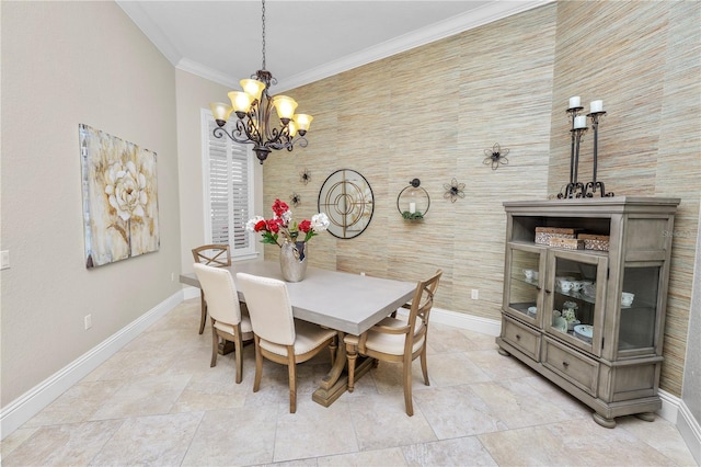 dining room with an inviting chandelier and crown molding