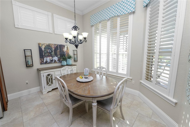 dining space featuring crown molding, light tile patterned floors, and a chandelier