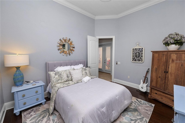 bedroom featuring crown molding and dark wood-type flooring