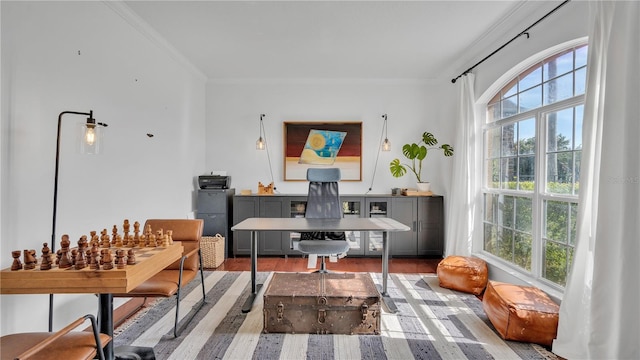 living area featuring crown molding and hardwood / wood-style floors