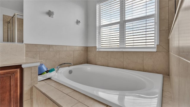 bathroom with vanity and plus walk in shower