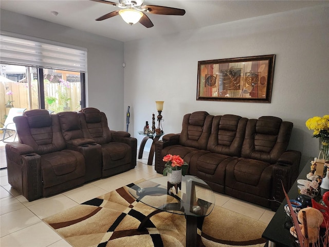 living room with light tile patterned floors and a ceiling fan