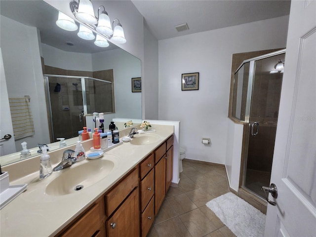 full bathroom with a stall shower, tile patterned flooring, a sink, and visible vents