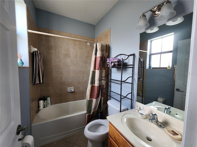 bathroom with shower / bathtub combination with curtain, tile patterned flooring, vanity, and toilet