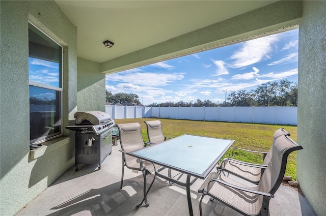 view of patio / terrace with outdoor dining area, a fenced backyard, and grilling area