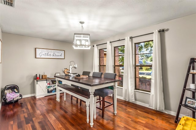 dining room with dark hardwood / wood-style flooring and a textured ceiling