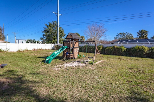 view of jungle gym featuring a yard