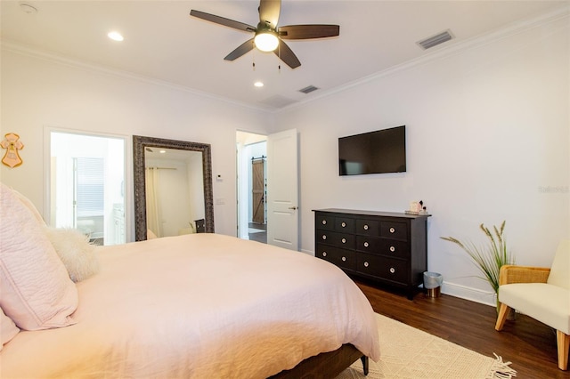 bedroom with crown molding, dark hardwood / wood-style floors, and ceiling fan