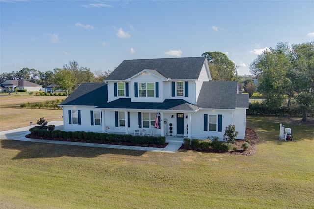 colonial-style house with a porch and a front yard