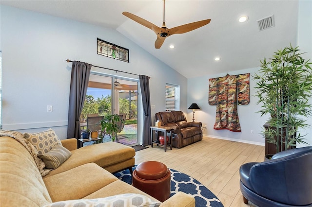 751 Meandering Way, Polk City, FL 33868 - living room with light wood finished floors, lofted ceiling, recessed lighting, visible vents, and ceiling fan