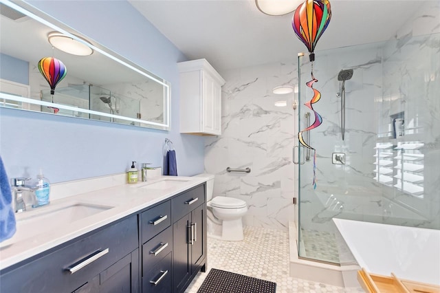 751 Meandering Way, Polk City, FL 33868 - bathroom featuring visible vents, a sink, a marble finish shower, and double vanity