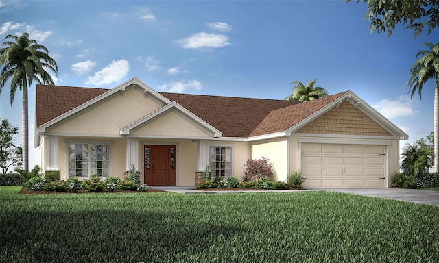 ranch-style home with a garage and a front lawn